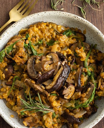 vegan high protein mushroom lentil risotto
