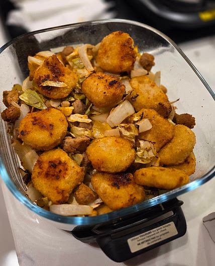 Air Fryer Piri-Piri Soy Curls & Chickpeas with Potatoes and Cabbage