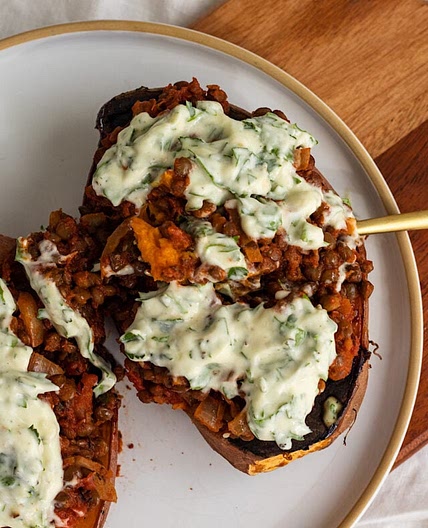 greek lentil stuffed baked sweet potatoes
