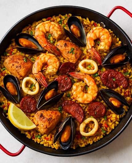 Paella with Seafood, Chicken, and Chorizo