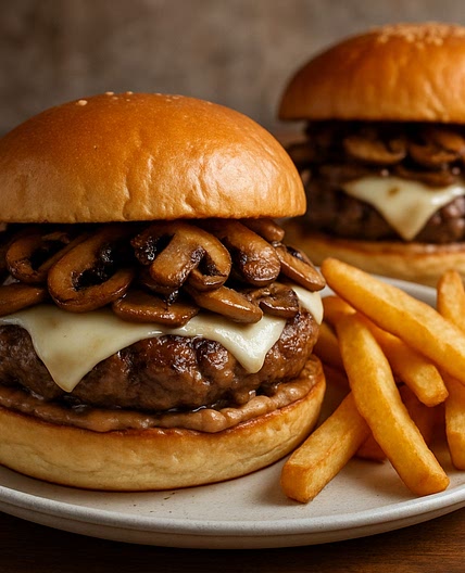 Sirloin Burgers with Balsamic Mayo, Mushrooms and Swiss