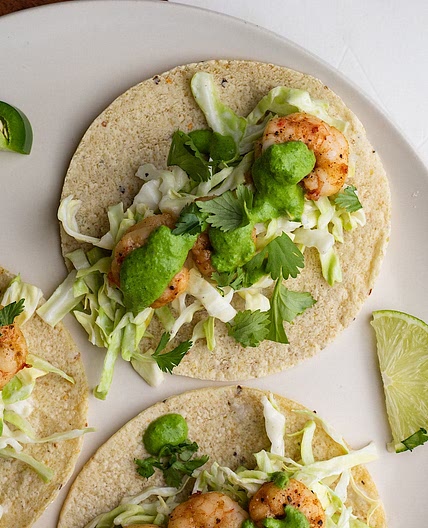 Hot Honey Shrimp Tacos with Cilantro Yogurt sauce