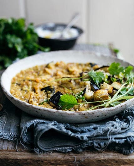 Masoor Dal (Red Lentil Curry) with Roasted Eggplant