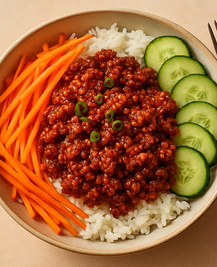 Spicy Chili-Garlic Caramelized Pork Bowl with Carrots, Cucumber & Rice