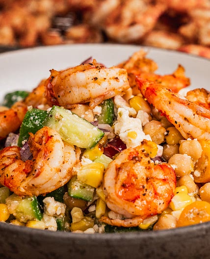 Chickpea salad with grilled prawns