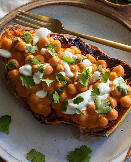 Vegan Buffalo Chickpea Stuffed Sweet Potato