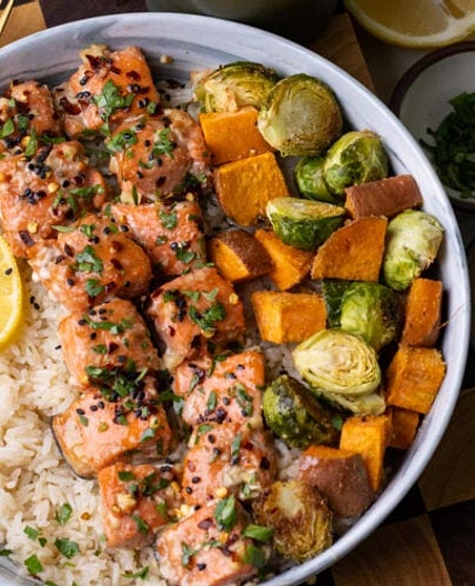 Baked Honey Garlic Salmon Bites with Sweet Potato and Brussels Sprouts