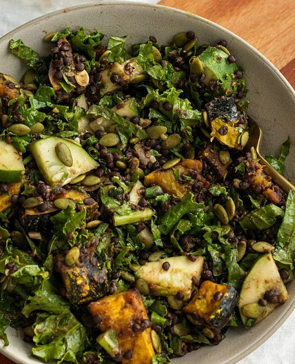 Black Lentil Acorn Squash Kale Salad with Maple Miso Mustard Dressing (vegan)