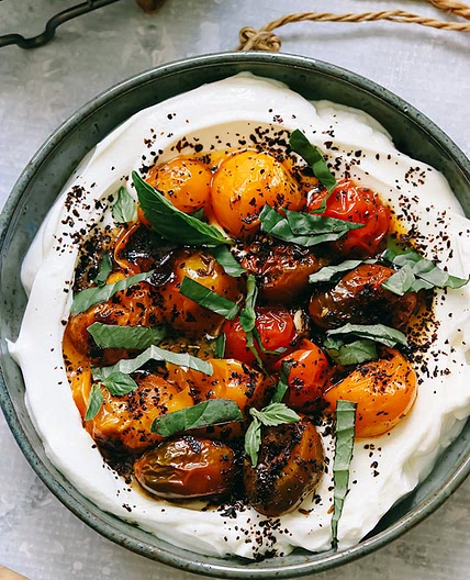 Charred Roasted Cherry Tomatoes with Cold Yogurt
