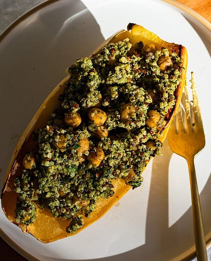 Pesto Quinoa and Chickpea Stuffed Spaghetti Squash