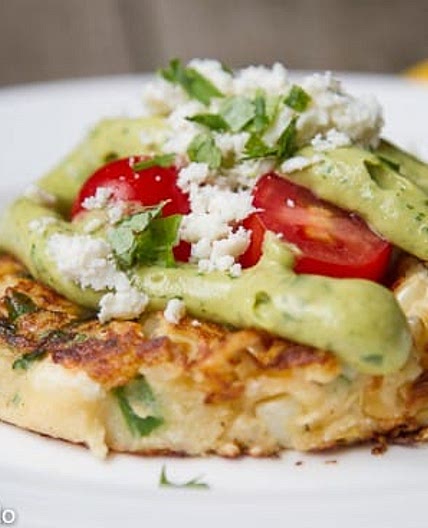Mexican Mashed Potato Cakes with Avocado Sauce & Cotija Cheese