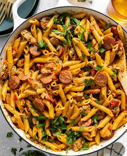 Creamy Cajun Chicken & Sausage Pasta with Rainbow Vegetables
