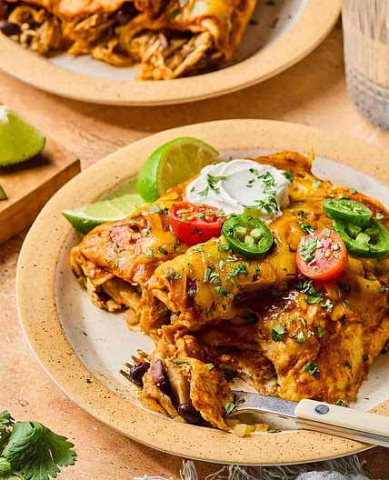 Healthy Chicken & Black Bean Enchiladas with Mexican Lime Salad and Avocado Crema