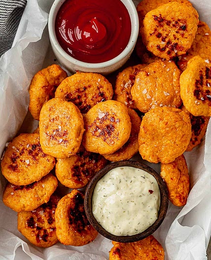 Sweet Potato Chicken Nuggets with Crispy Potato Wedges, Rainbow Slaw & Creamy Honey-Mustard Dip
