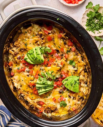Mexican Chicken, Quinoa & Black Bean Casserole with Rainbow Lime Salad and Avocado Crema