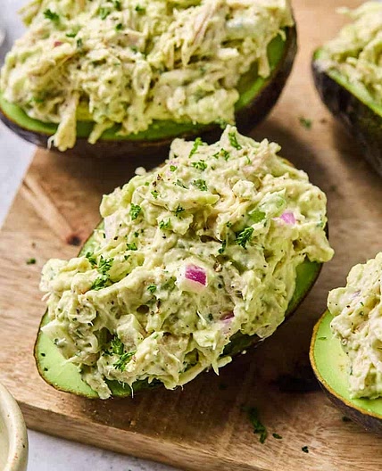 Creamy Chicken Salad Stuffed Avocados with Lemon-Herb Quinoa & Mediterranean Rainbow Salad