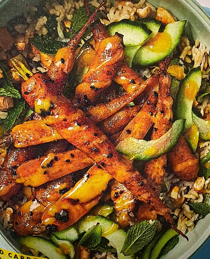 Curried carrot and grain salad with lime pickle dressing