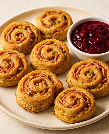 Rye-Pistachio Ham & Swiss Biscuit Spirals (with Fresh Triple-Berry Dip)