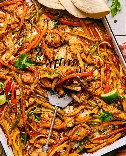 Smoky Sheet Pan Chicken Fajitas with Black Beans, Mexican Rainbow Salad & Avocado-Lime Crema