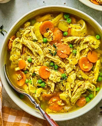 Golden Turmeric & Ginger Chicken Soup with Brown Rice, White Beans & Garden Vegetables