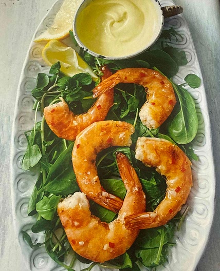 Grilled prawns with turmeric lemon aioli