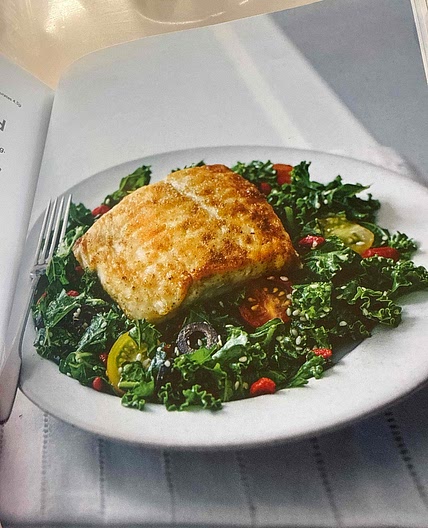 Cumin spiced halibut with kale salad