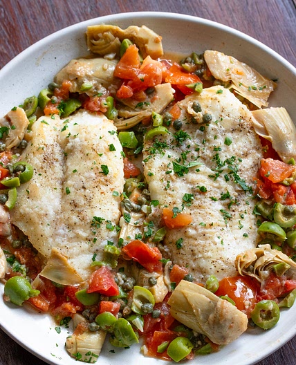 Cod Piccata with Artichokes, Tomatoes and Olives