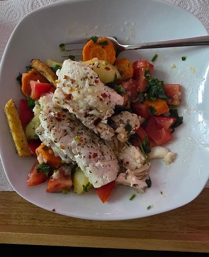 Steamed cod with vegetables