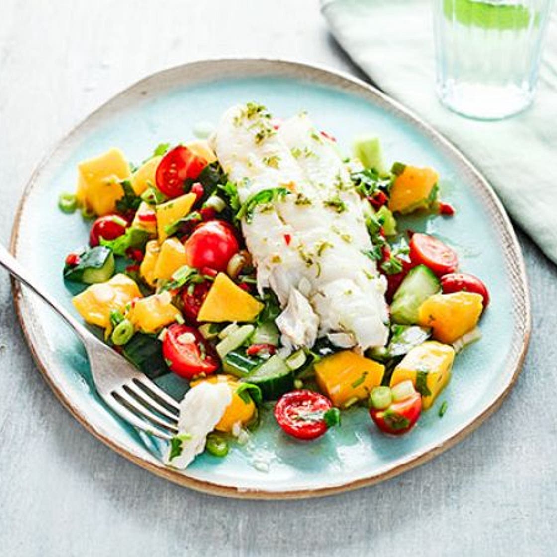 Cod with cucumber, avocado & mango salsa salad
