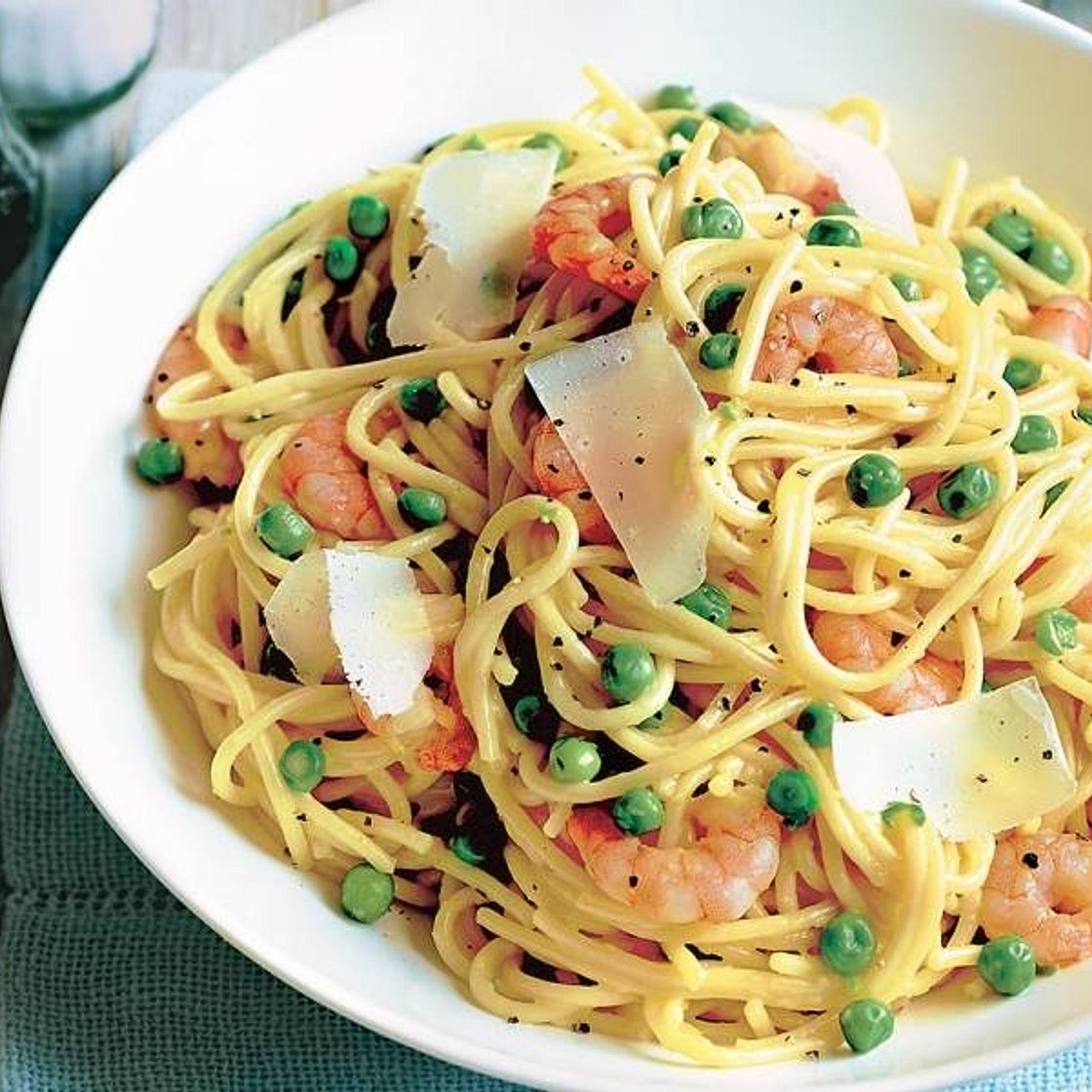 Lemony prawn & pea spaghetti