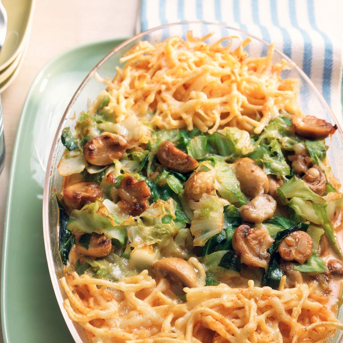 Spätzleauflauf mit Spitzkohl und Champignons