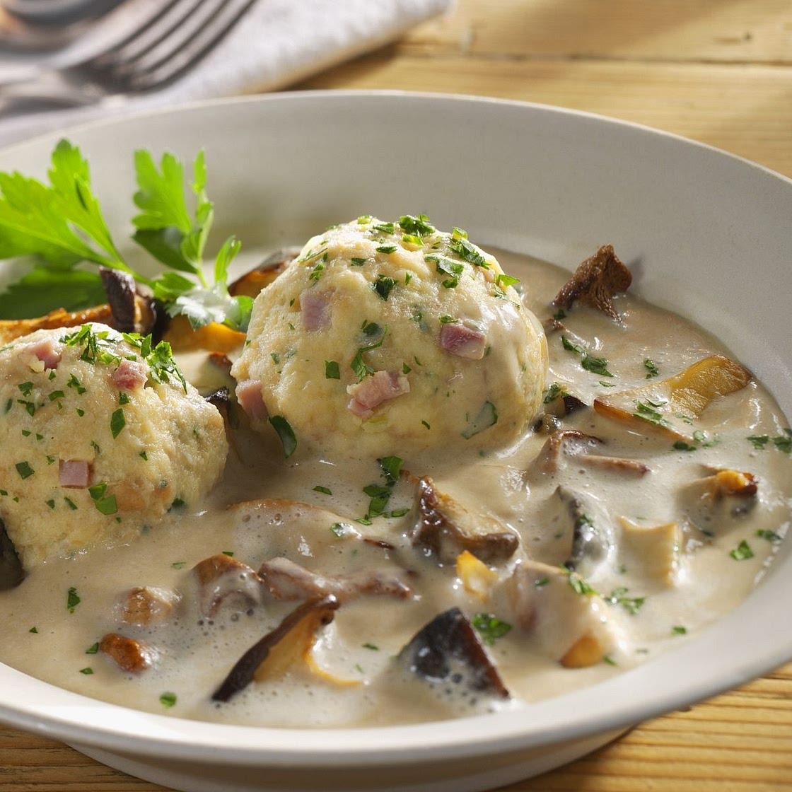 Bacon Dumplings with Mushroom Sauce