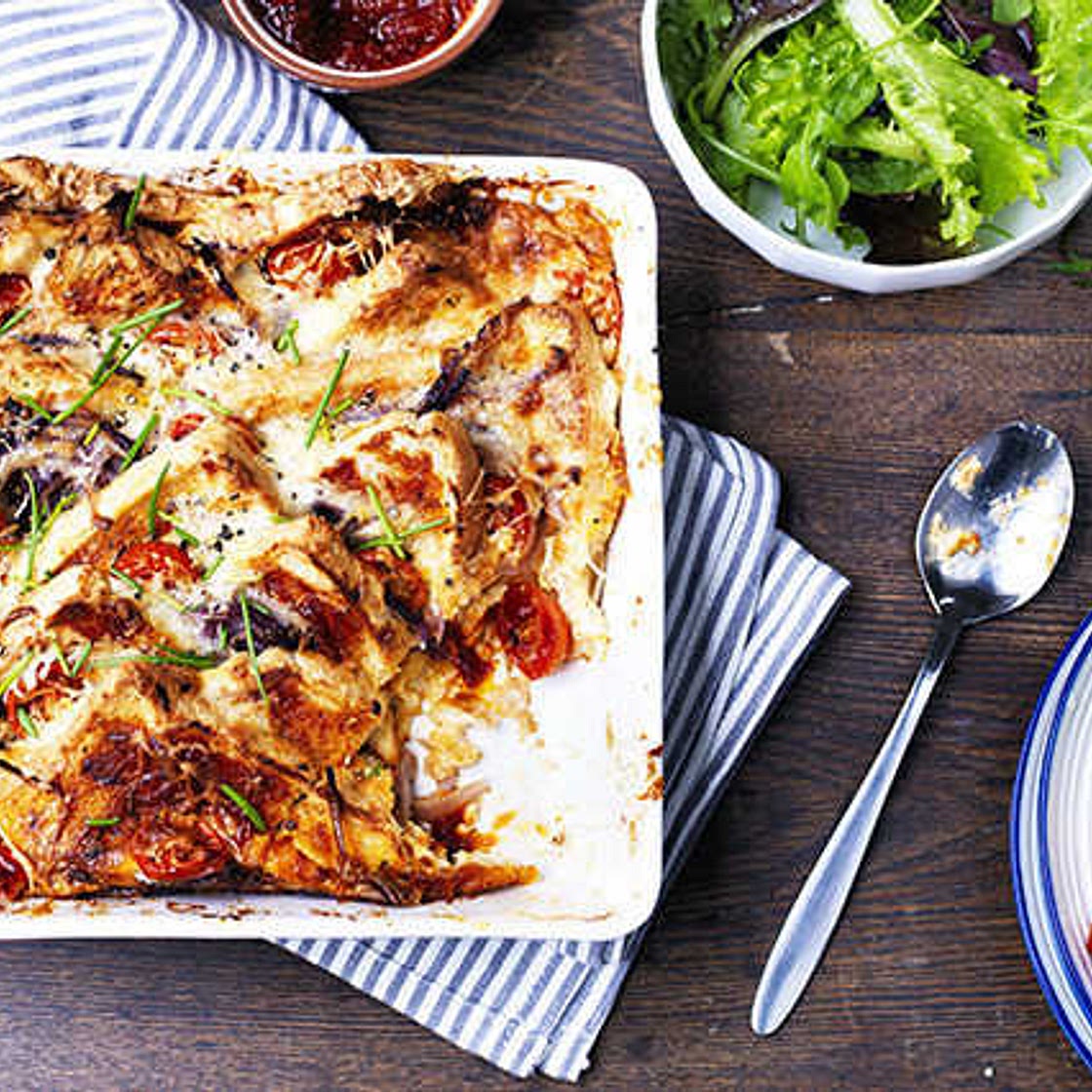 Cheese and tomato bread and butter pudding