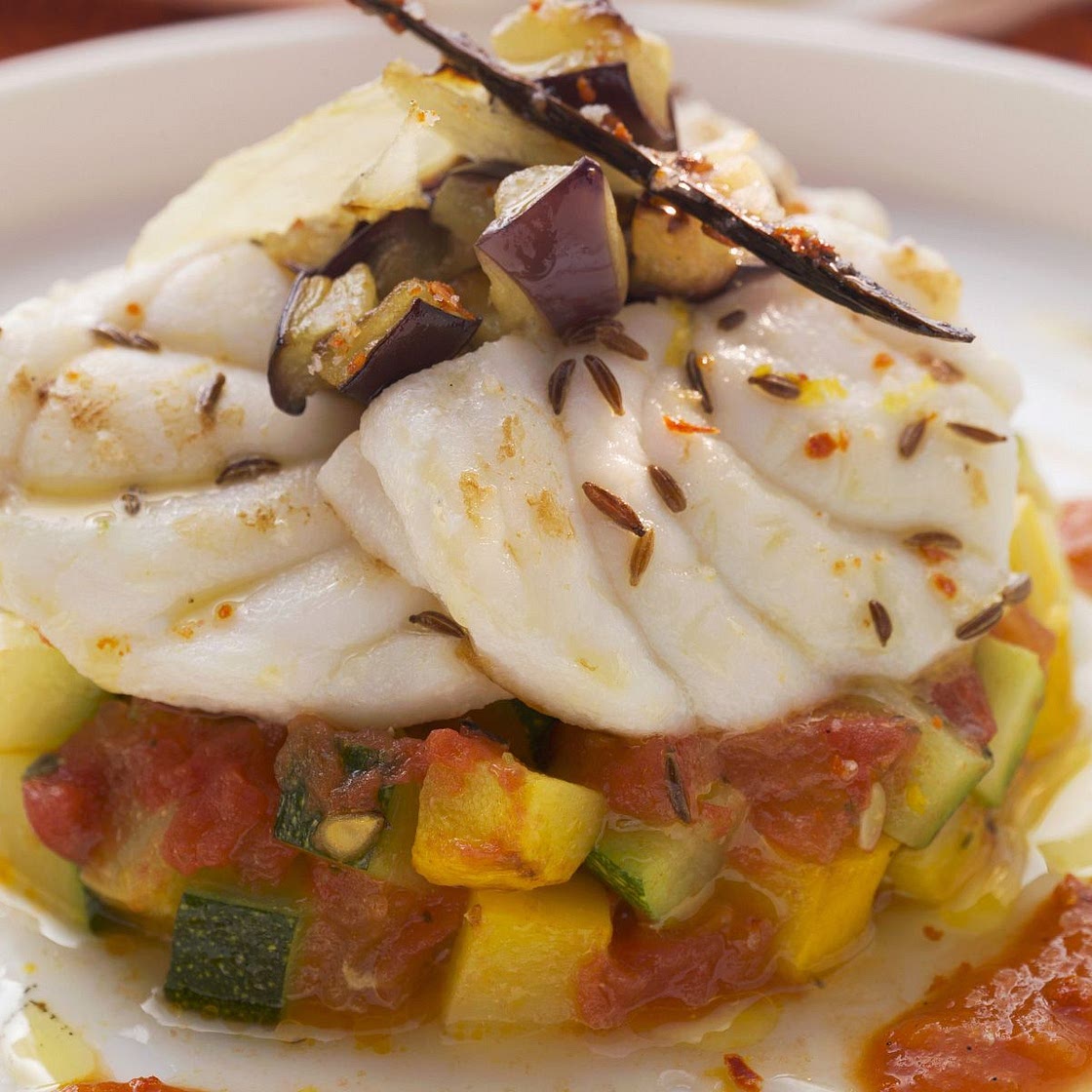 Cumin Monkfish on Mediterranean Vegetables