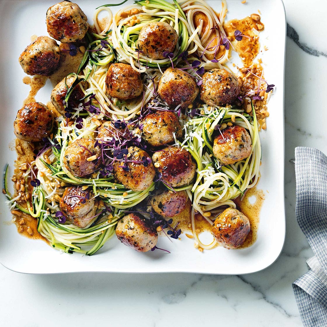 Shannon Bennett's chicken meatballs with zucchini and spaghetti
