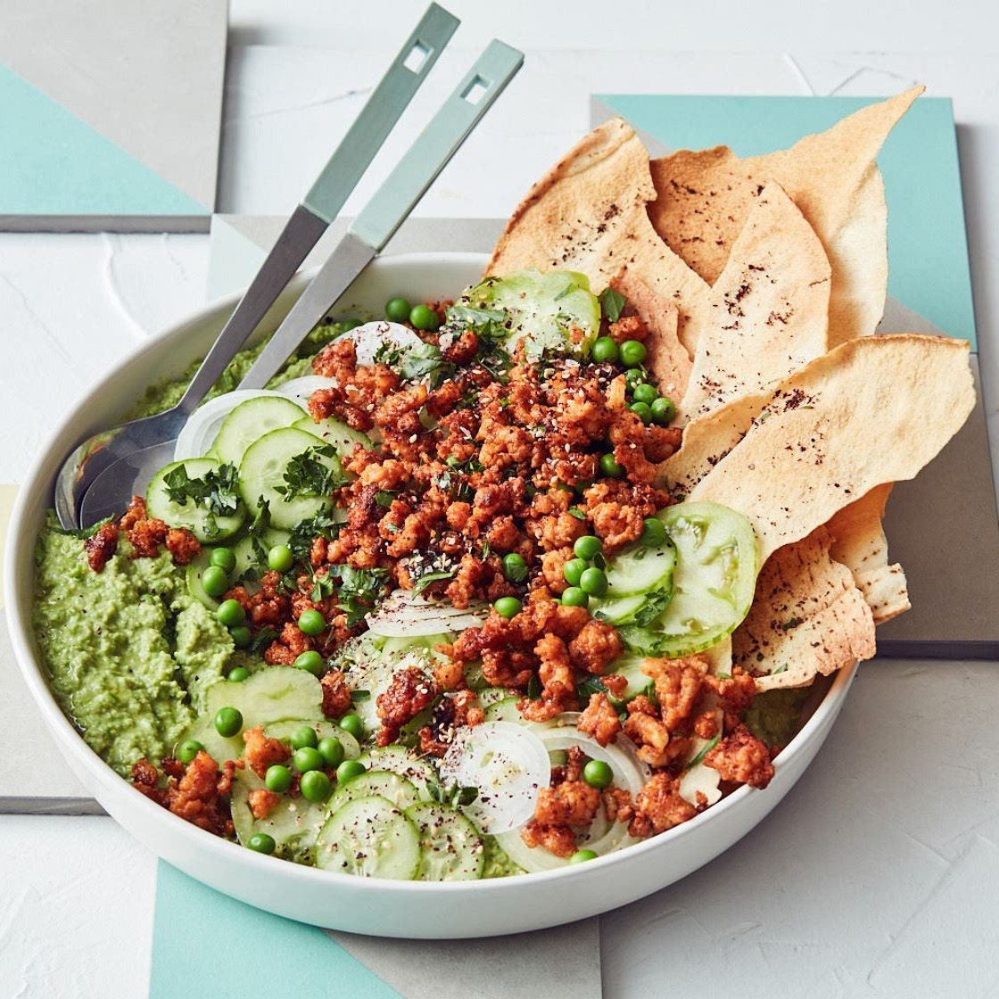 Spring fattoush with pea hummus and smoky prawns