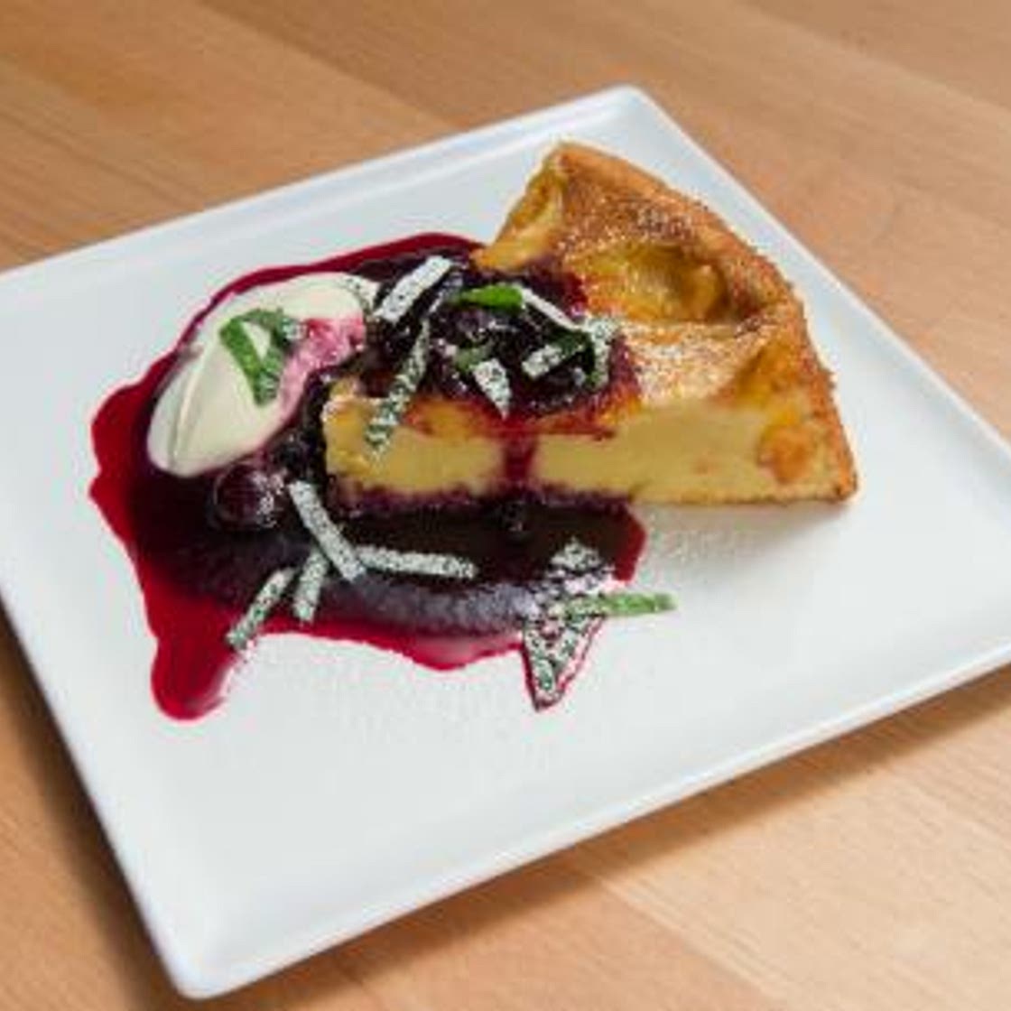 Olive Oil Cake with Blueberry Sauce and Peaches