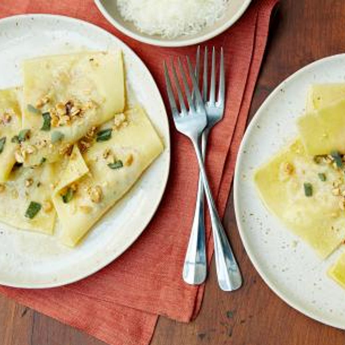 Roasted Butternut Squash Ravioli with Sage, Hazelnut and Brown Butter Sauce