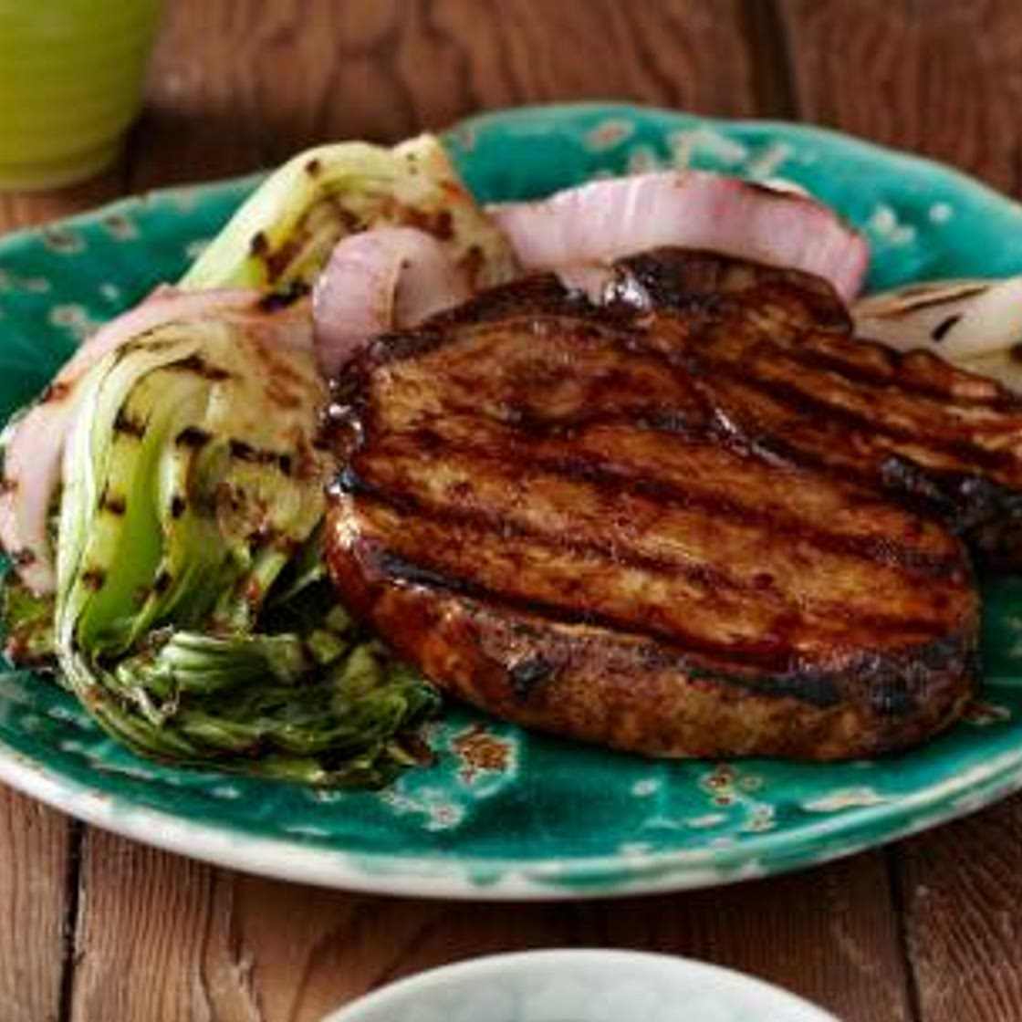 Grilled Korean-Style BBQ Glazed Pork Chops with Red Onions and Baby Bok Choy