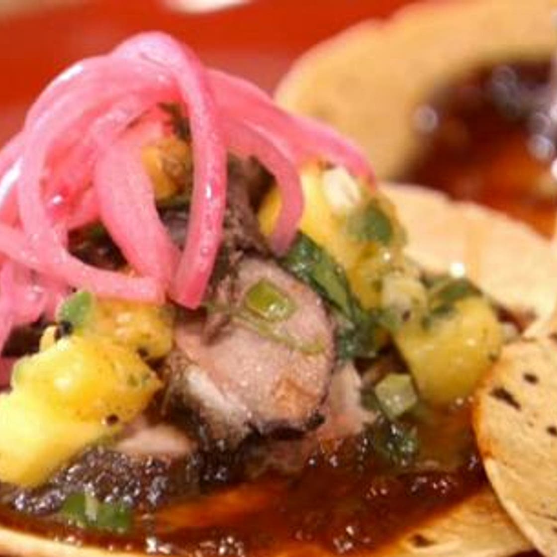 Tamarind Glazed Duck Tacos with Grilled Pineapple Relish and Pickled Onions