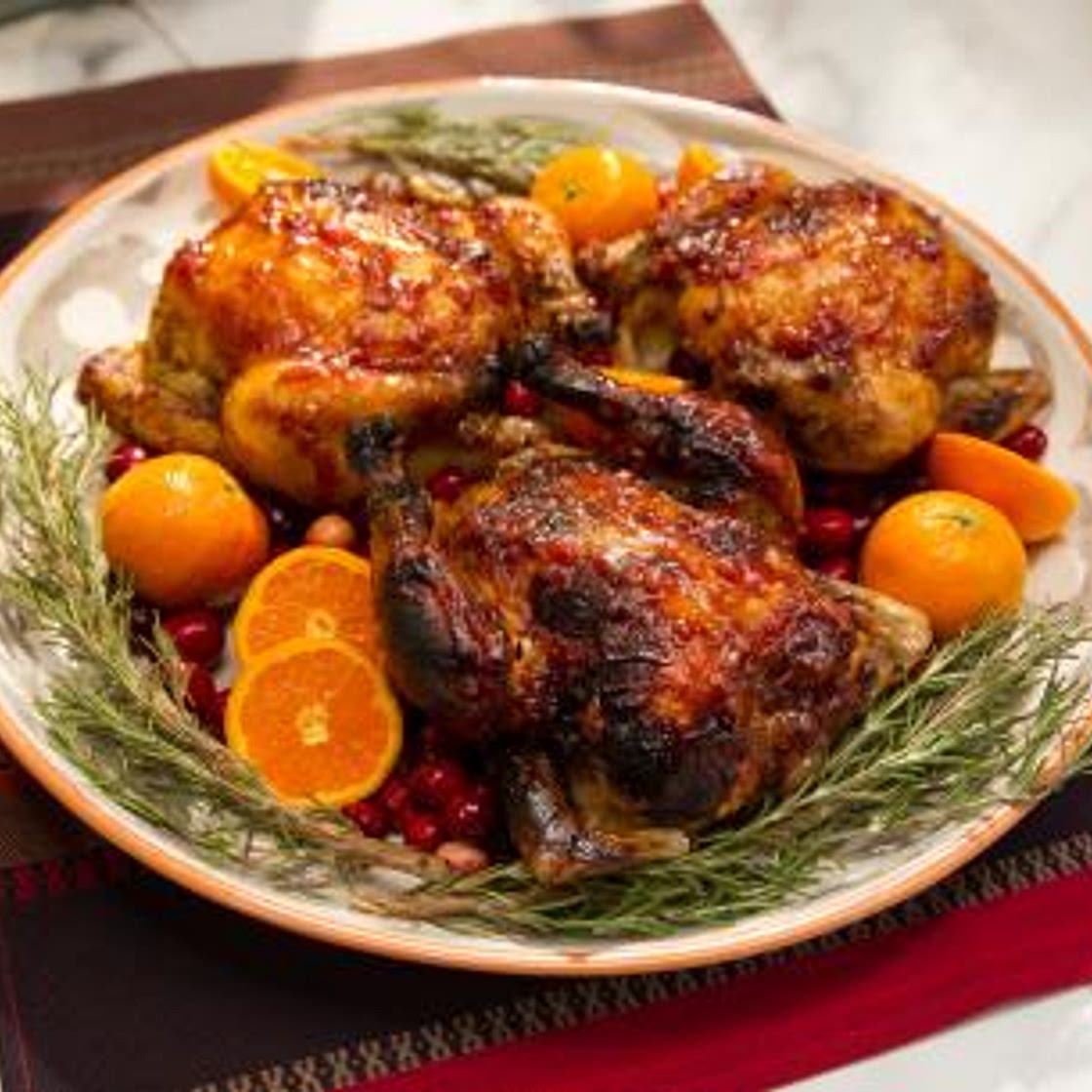 Clementine and Cranberry Glazed Cornish Game Hens