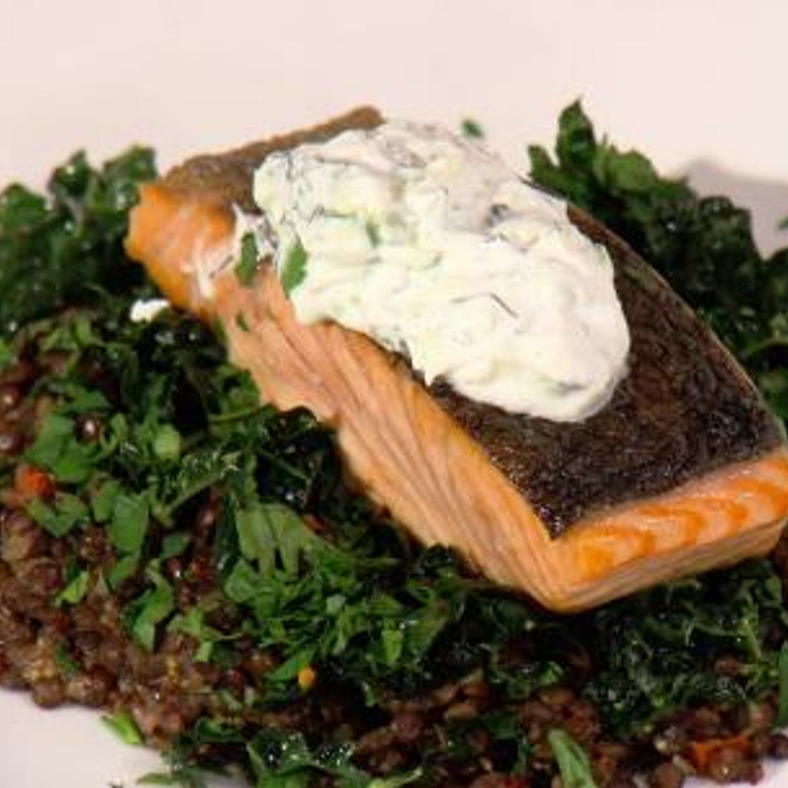 Sauteed Salmon Fillet with Tzatziki and Warm Lentils