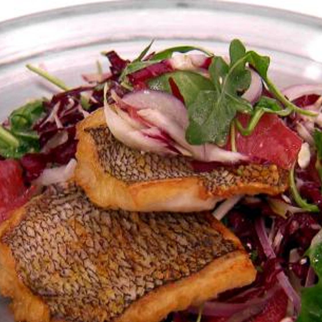 Seared Black Sea Bass with Bitter Greens, Fennel, Grapefruit and Feta Salad