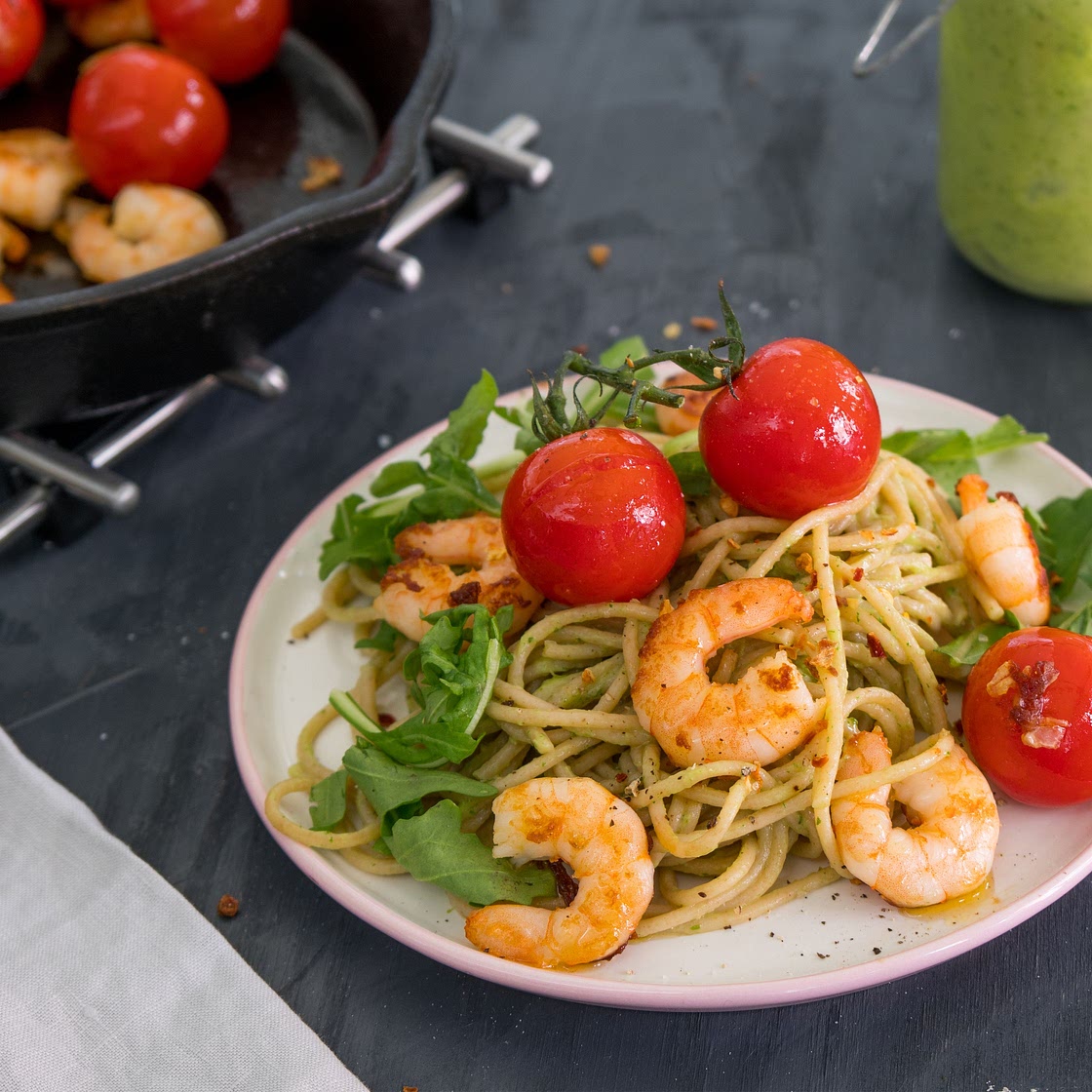 Avocado Pasta with Prawns