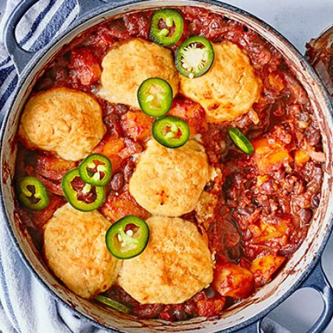 Chipotle sweet potato & black bean stew with cheddar dumplings