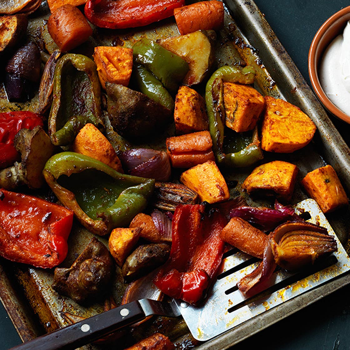 Smoky roast vegetables with sesame yogurt