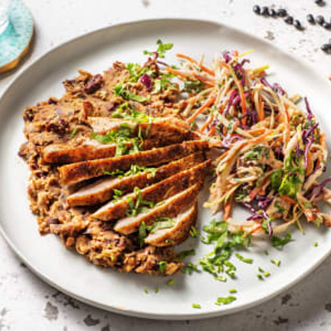 Cajun Turkey Steak with Crushed Beans and Chipotle Spiced Slaw