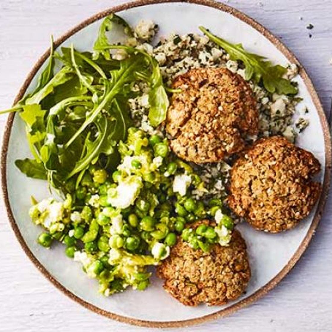 Baked falafel & cauliflower tabbouleh with avocado, pea & feta smash