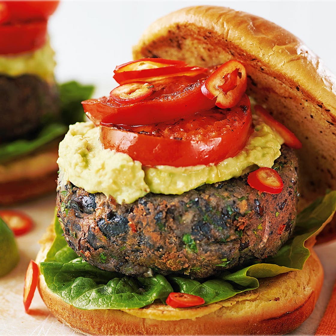 Black bean burgers with smashed avocado