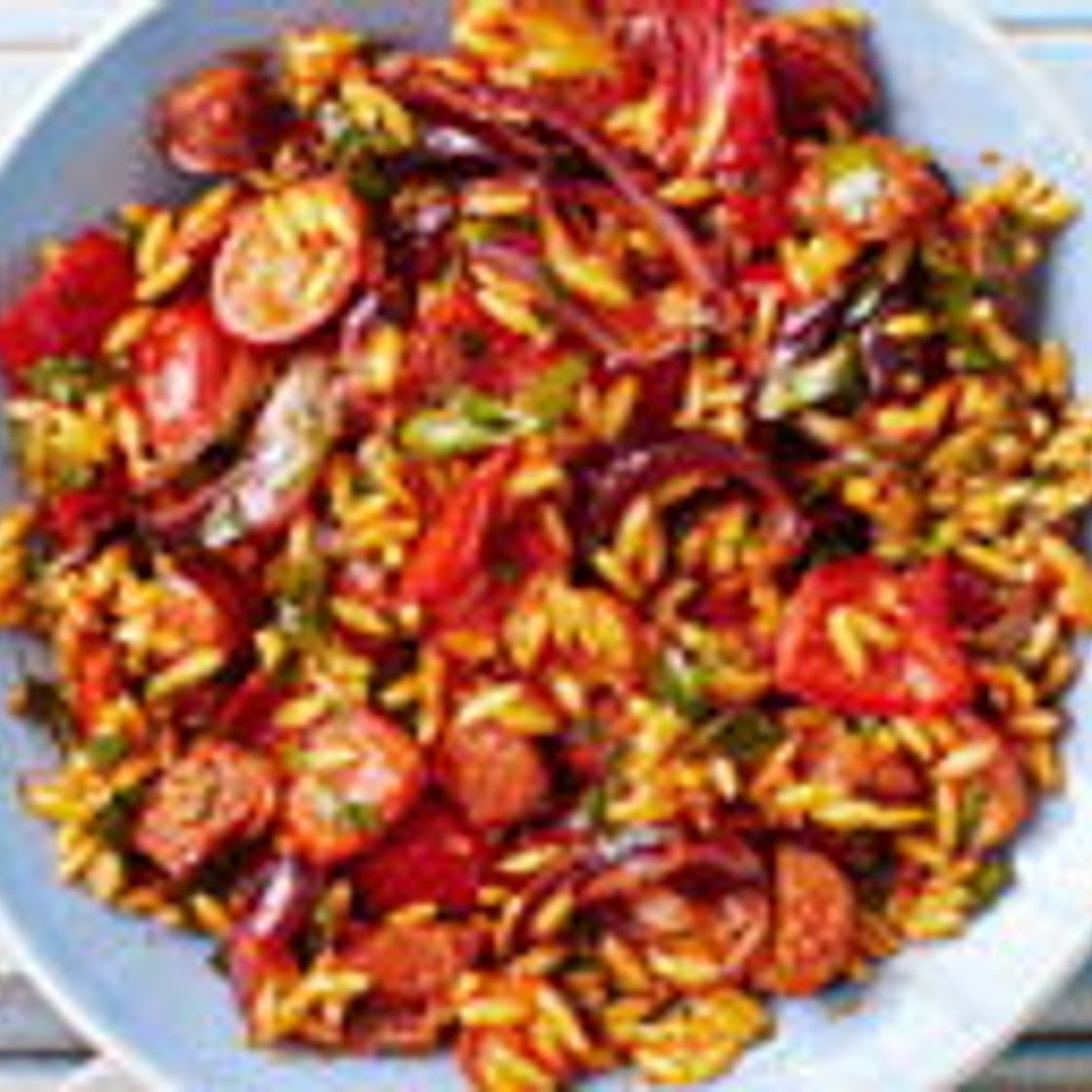 Roasted pepper and chorizo orzo salad